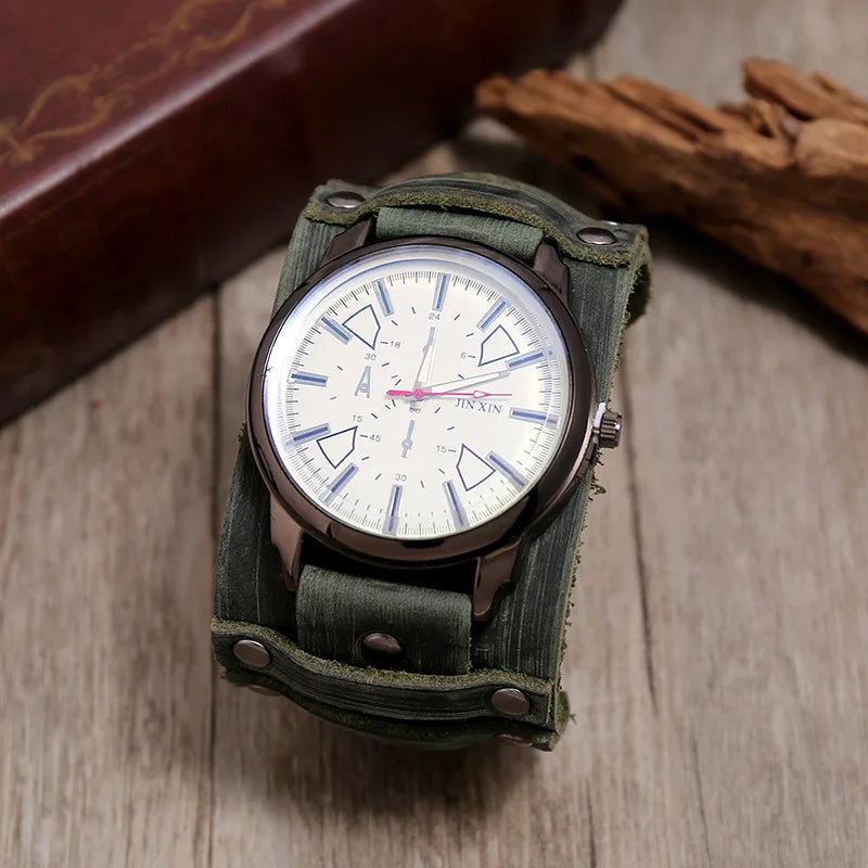 New Men's Watches Retro Clocks Punk Style Genuine Leather Strap Quartz Wristwatch 2024 Fashion Men Gift Lovers Cowhide Watch