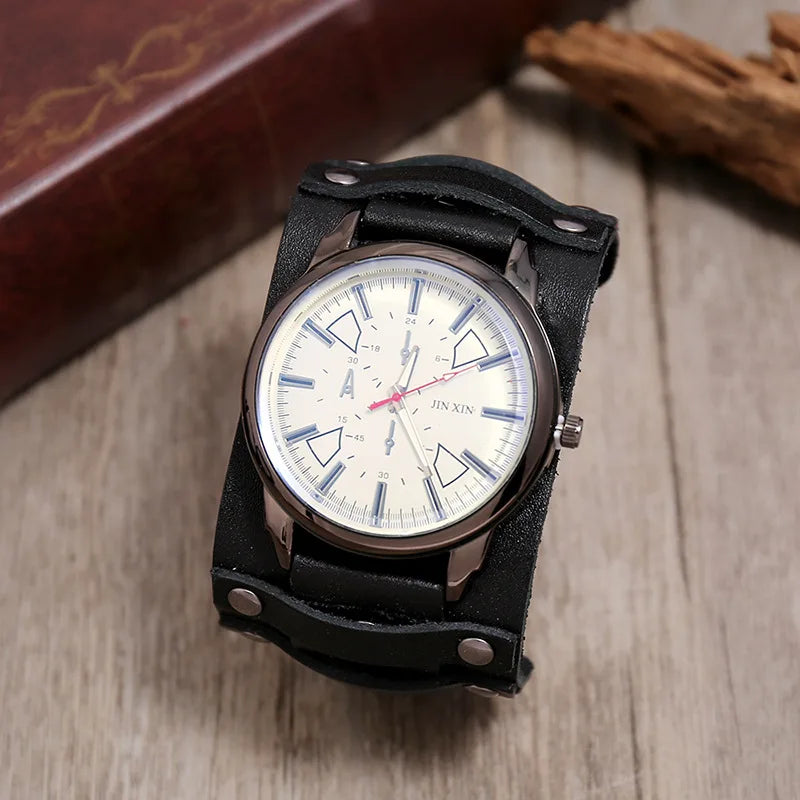 New Men's Watches Retro Clocks Punk Style Genuine Leather Strap Quartz Wristwatch 2024 Fashion Men Gift Lovers Cowhide Watch