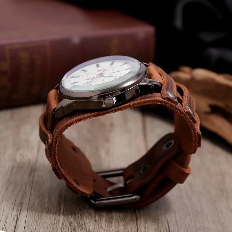 New Men's Watches Retro Clocks Punk Style Genuine Leather Strap Quartz Wristwatch 2024 Fashion Men Gift Lovers Cowhide Watch