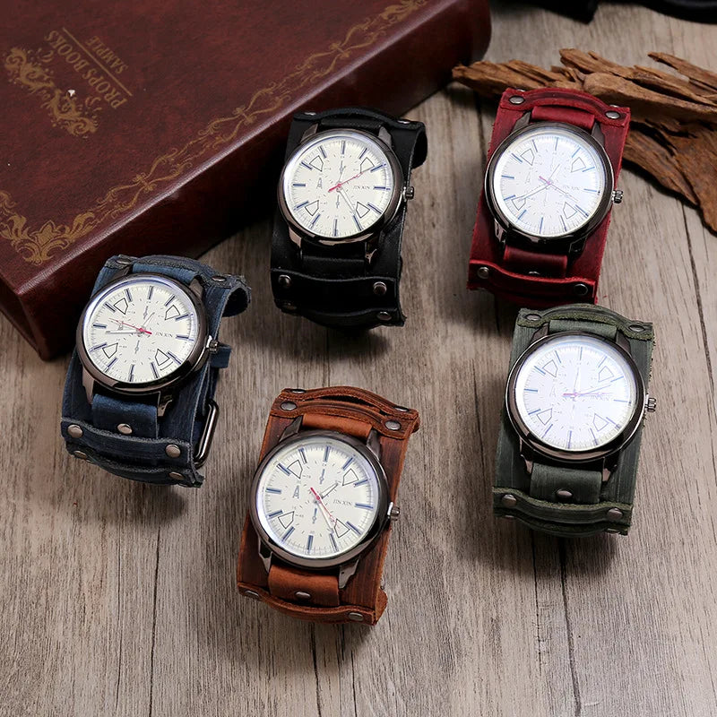 New Men's Watches Retro Clocks Punk Style Genuine Leather Strap Quartz Wristwatch 2024 Fashion Men Gift Lovers Cowhide Watch