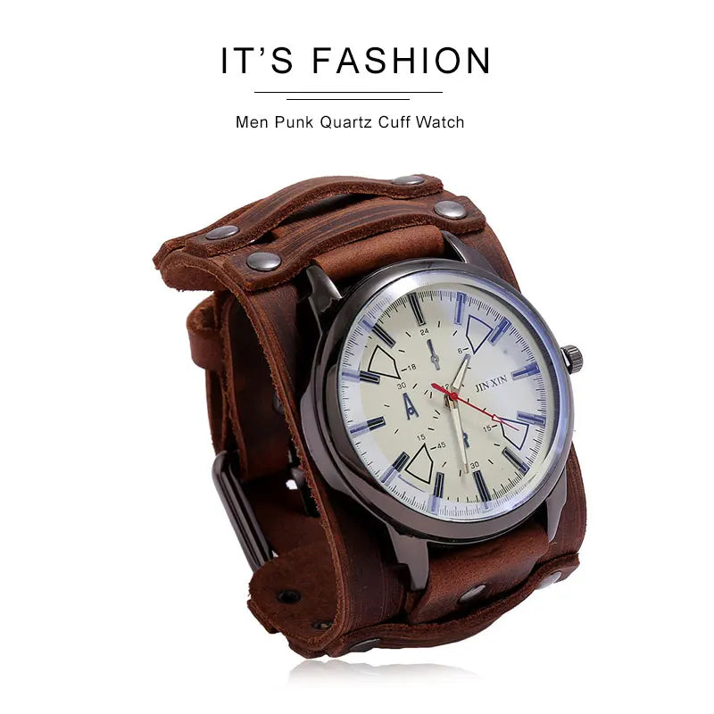 New Men's Watches Retro Clocks Punk Style Genuine Leather Strap Quartz Wristwatch 2024 Fashion Men Gift Lovers Cowhide Watch