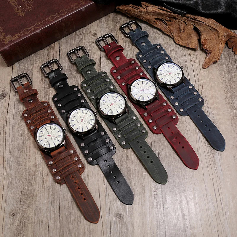 New Men's Watches Retro Clocks Punk Style Genuine Leather Strap Quartz Wristwatch 2024 Fashion Men Gift Lovers Cowhide Watch
