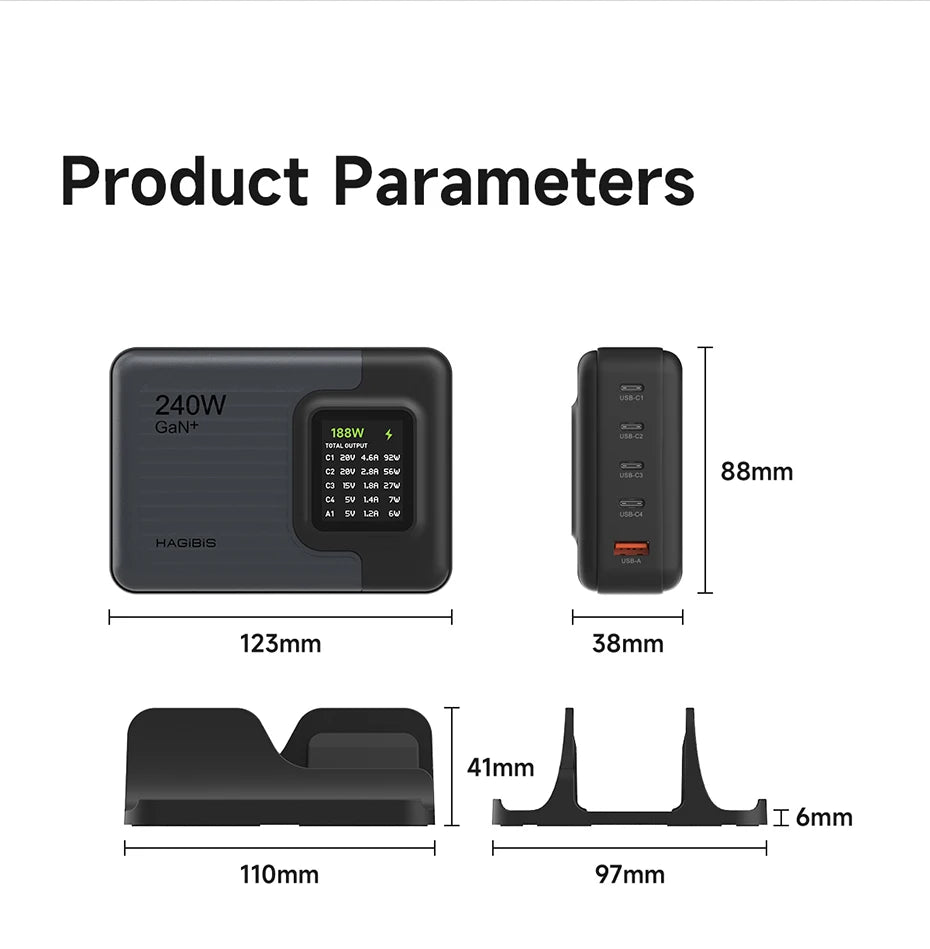 Hagibis 240W USB C Charger 5 Ports GaN 140W PD3.1