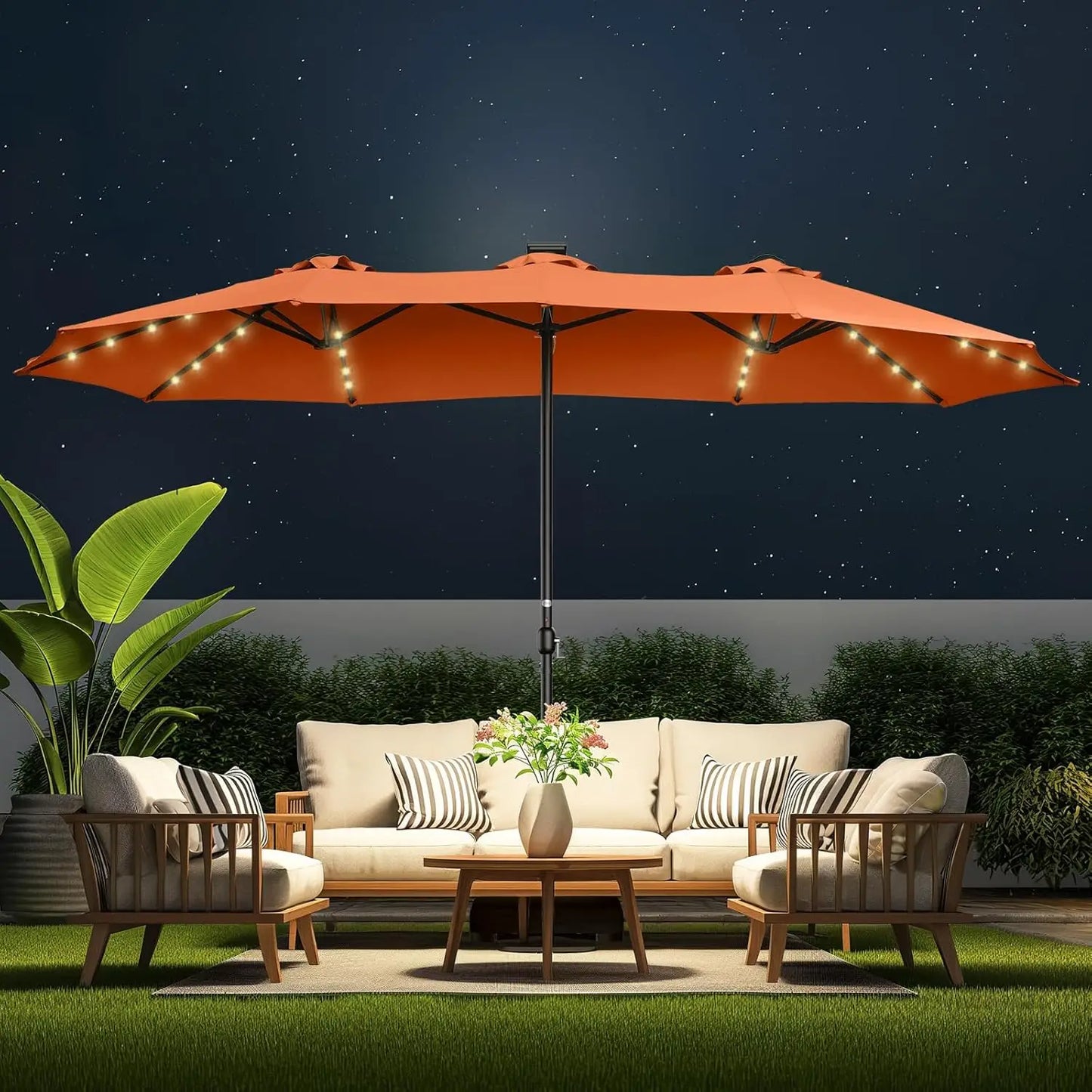 Double Sided Patio Umbrellas - 15ft Solar Lights LED Lighted Outdoor Extra Large Market Table Umbrella