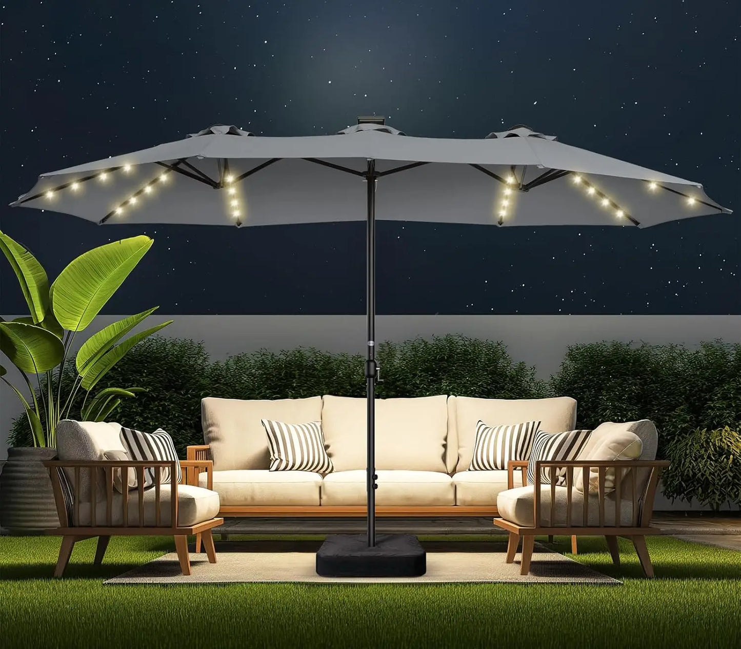 Double Sided Patio Umbrellas - 15ft Solar Lights LED Lighted Outdoor Extra Large Market Table Umbrella