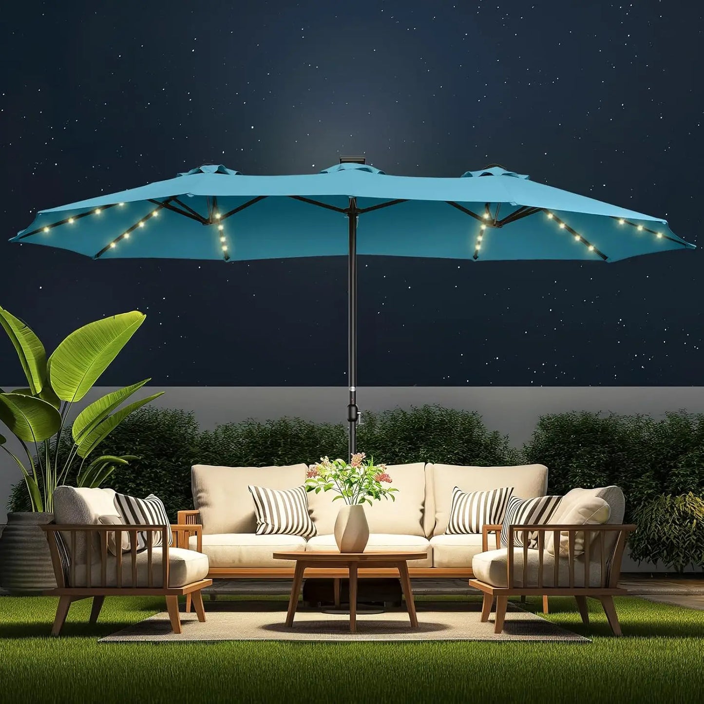 Double Sided Patio Umbrellas - 15ft Solar Lights LED Lighted Outdoor Extra Large Market Table Umbrella