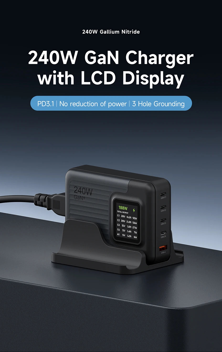 Hagibis 240W USB C Charger 5 Ports GaN 140W PD3.1