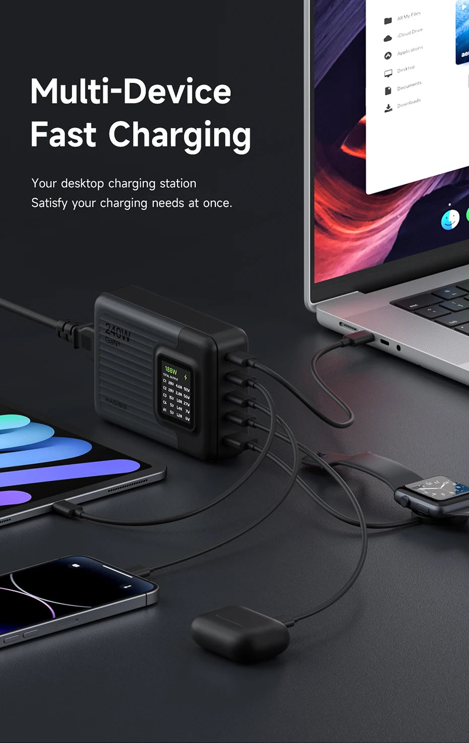 Hagibis 240W USB C Charger 5 Ports GaN 140W PD3.1