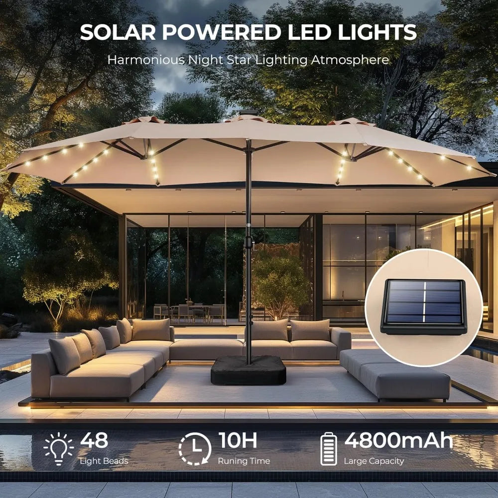 Double Sided Patio Umbrellas - 15ft Solar Lights LED Lighted Outdoor Extra Large Market Table Umbrella