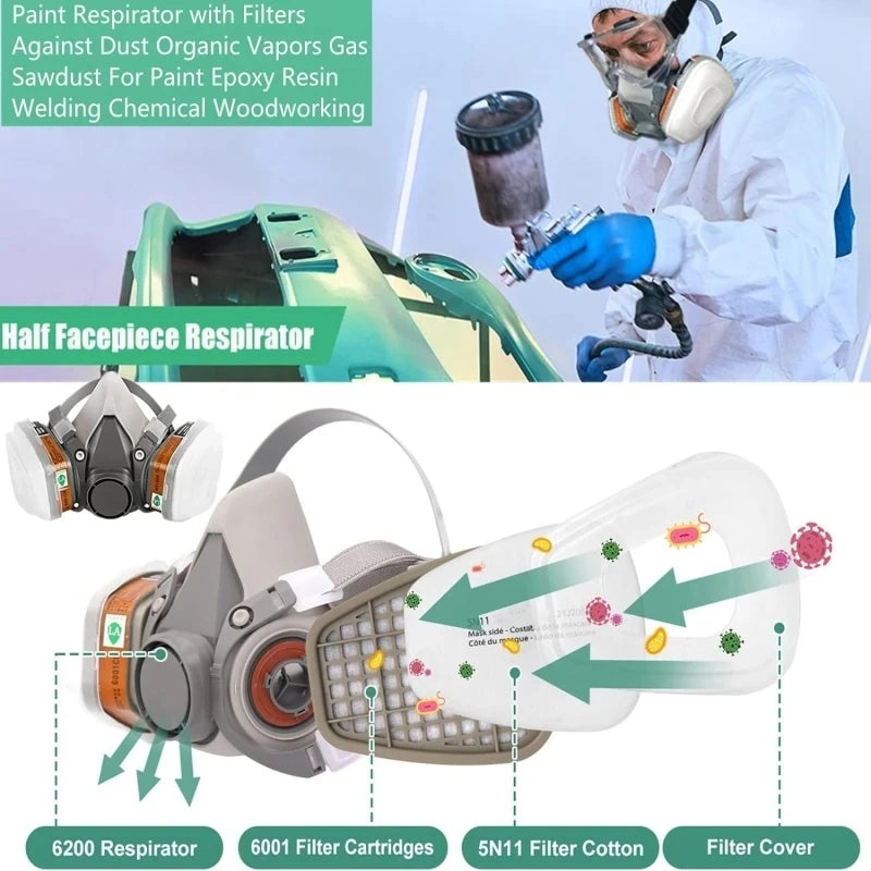 6200 Dust Gas Mask Filters Suit Industrial Half Face Painting Spraying Respirator