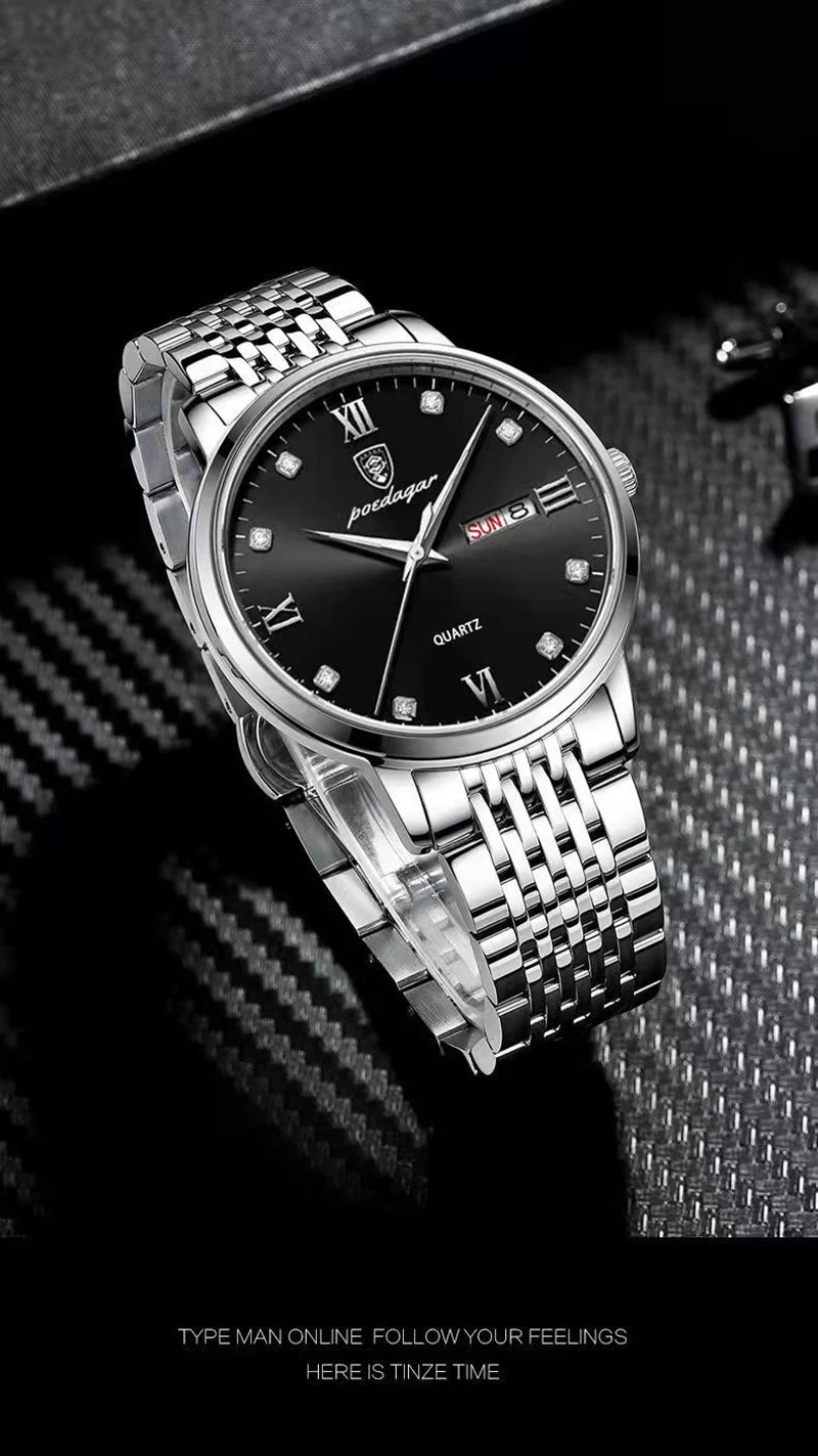 POEDAGAR Stainless Steel Men Quartz Wristwatch