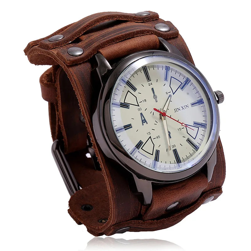 New Men's Watches Retro Clocks Punk Style Genuine Leather Strap Quartz Wristwatch 2024 Fashion Men Gift Lovers Cowhide Watch