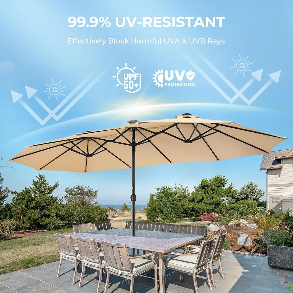 Double Sided Patio Umbrellas - 15ft Solar Lights LED Lighted Outdoor Extra Large Market Table Umbrella