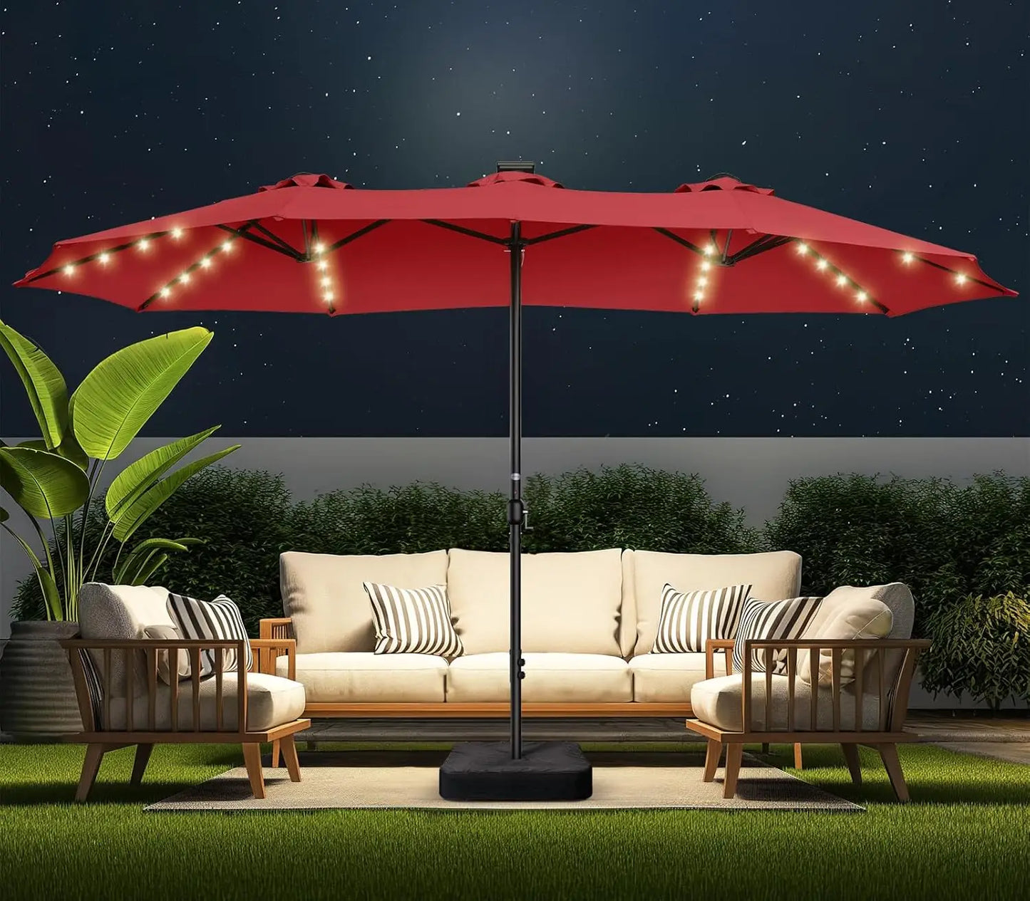 Double Sided Patio Umbrellas - 15ft Solar Lights LED Lighted Outdoor Extra Large Market Table Umbrella