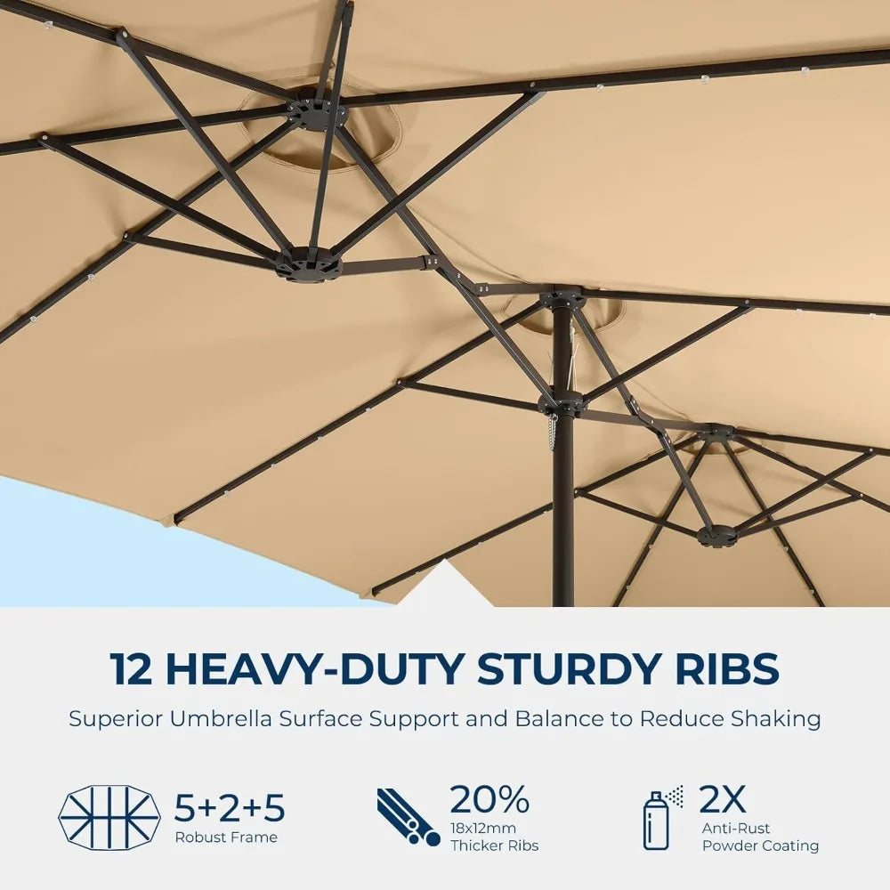 Double Sided Patio Umbrellas - 15ft Solar Lights LED Lighted Outdoor Extra Large Market Table Umbrella