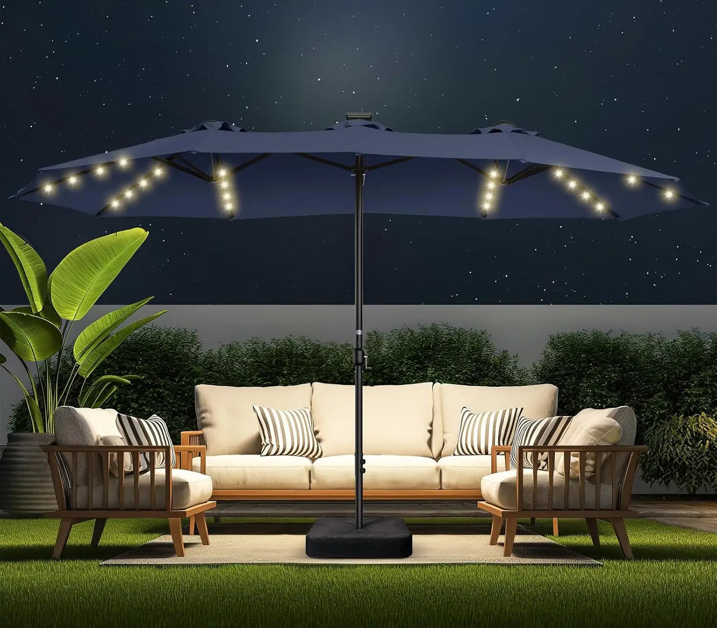 Double Sided Patio Umbrellas - 15ft Solar Lights LED Lighted Outdoor Extra Large Market Table Umbrella
