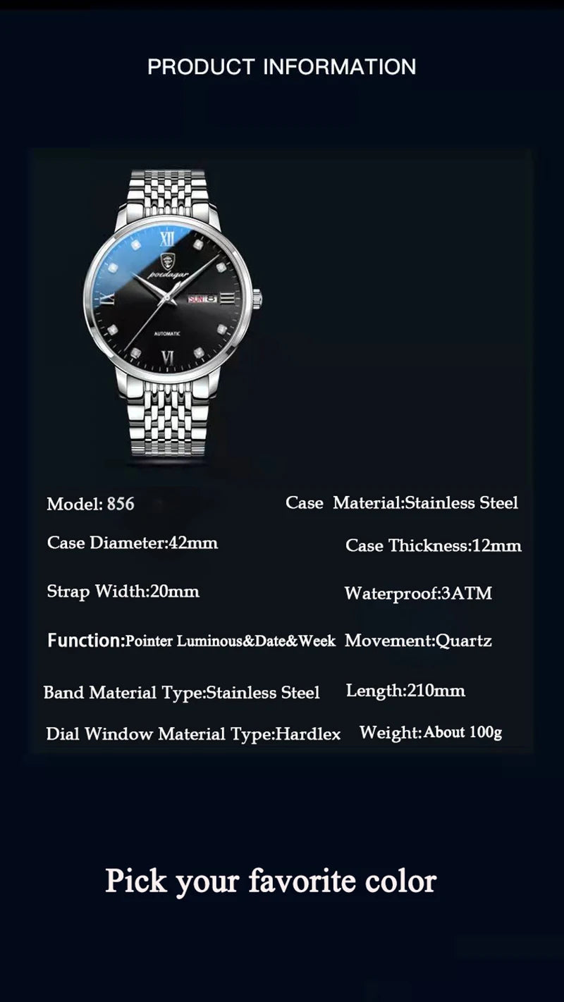 POEDAGAR Stainless Steel Men Quartz Wristwatch