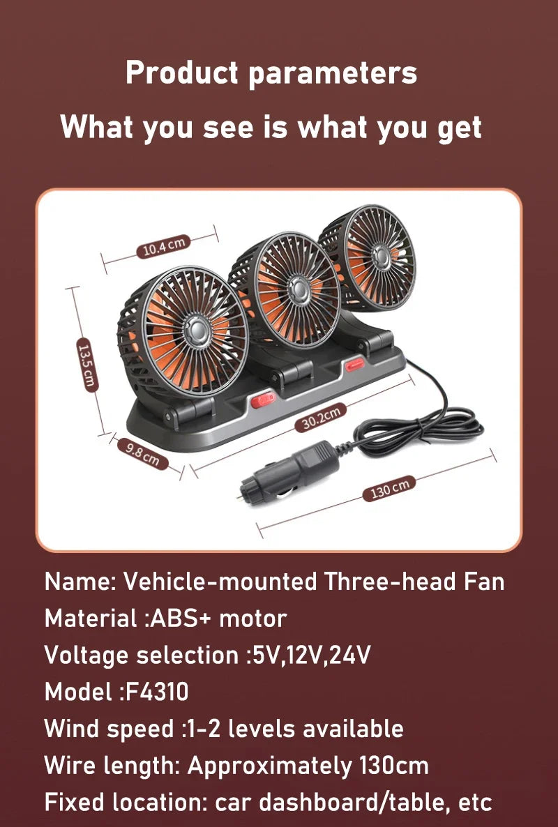 Xiaomi Car Fan 360° Adjustable 3 Head Air Fan Automotive Electric Fan