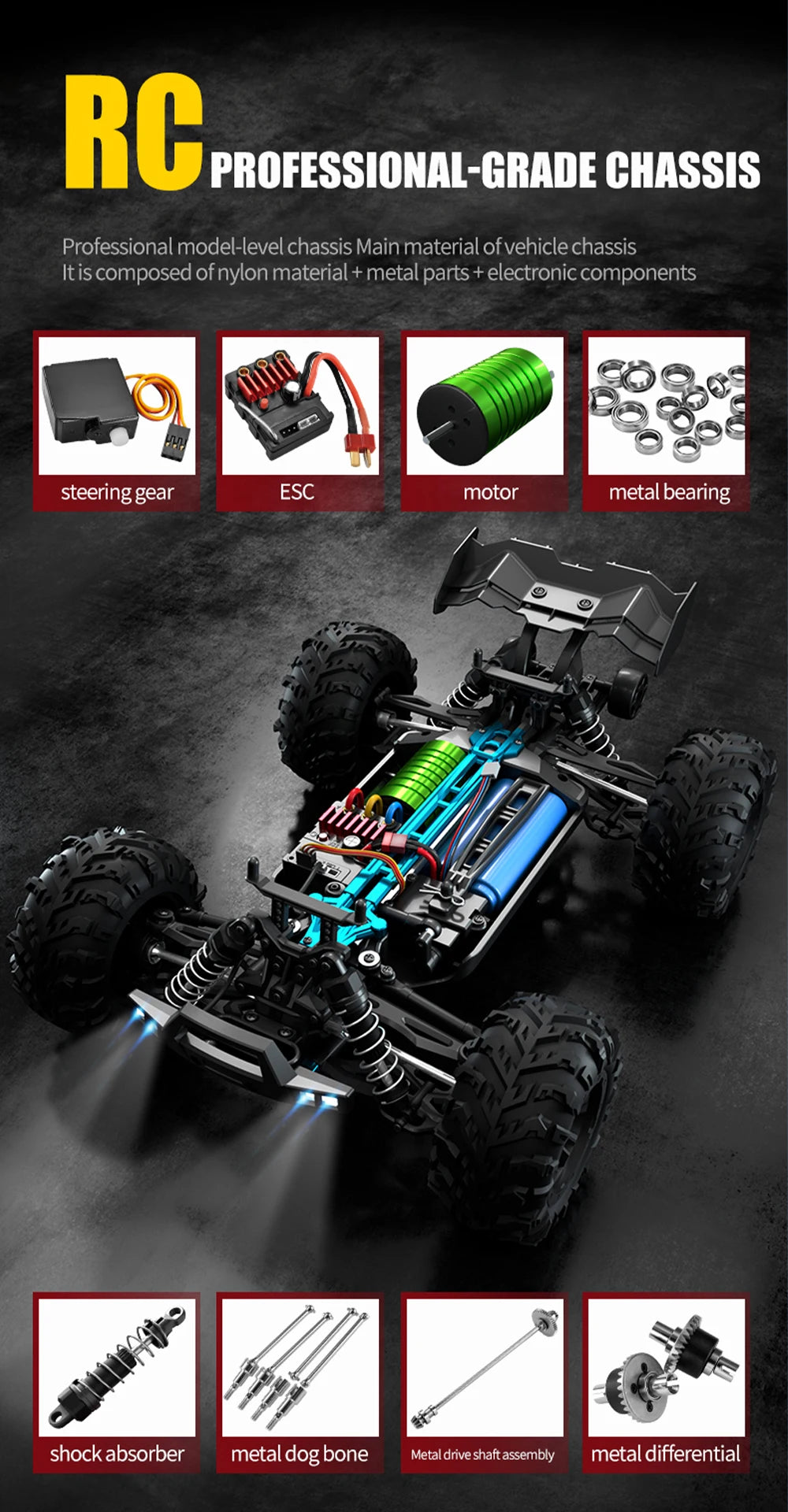 JJRC 1:16 4WD RC Car 70KM/H With Led Lights 2.4G Inductor Remote Control Off-Road Cars