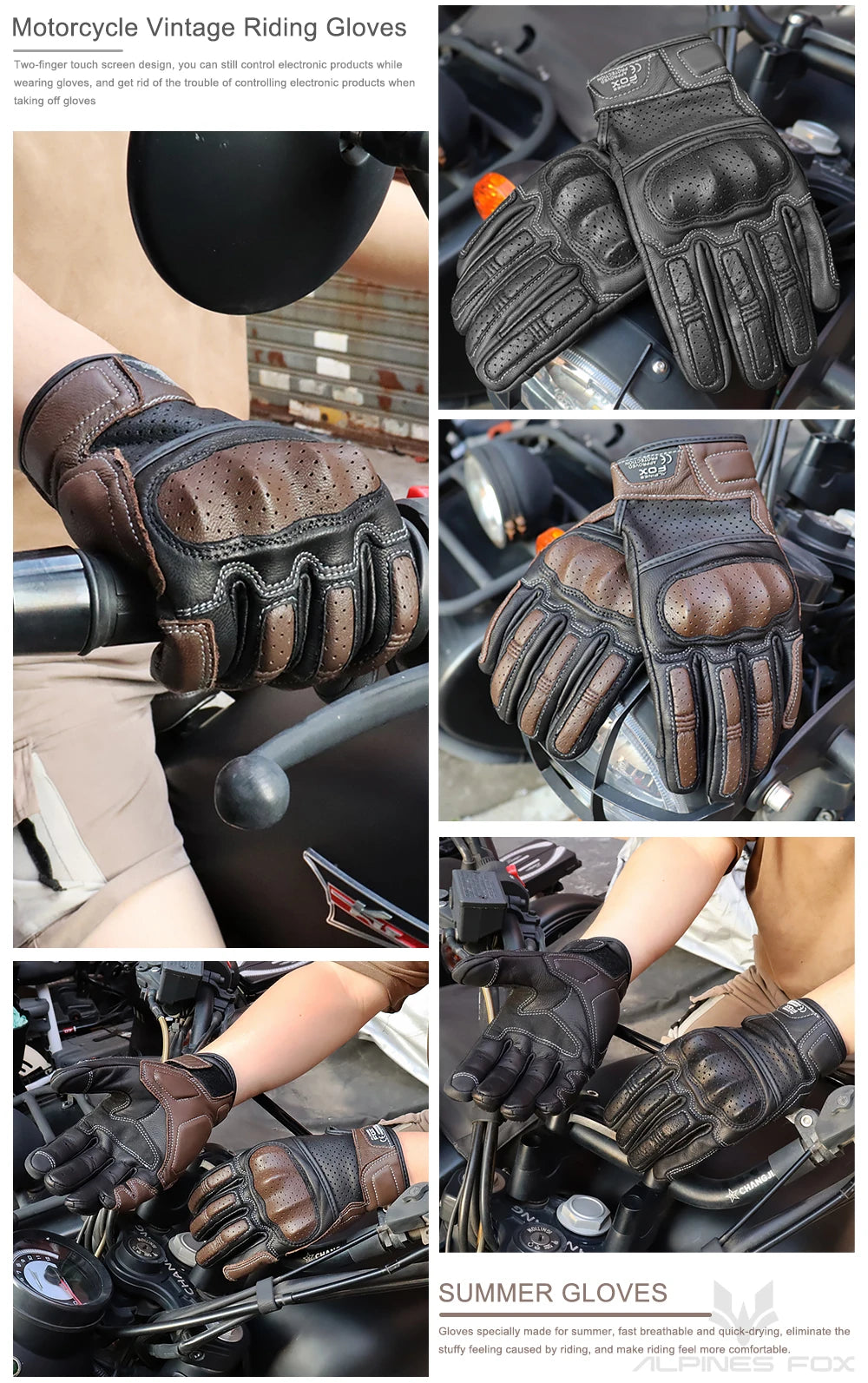 Summer Retro Perforated Leather Motorcycle Gloves