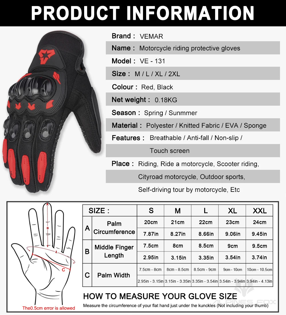 VEMAR Summer Motorcycle Gloves Men Black Full Finger Touchscreen