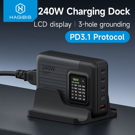 Hagibis 240W USB C Charger 5 Ports GaN 140W PD3.1