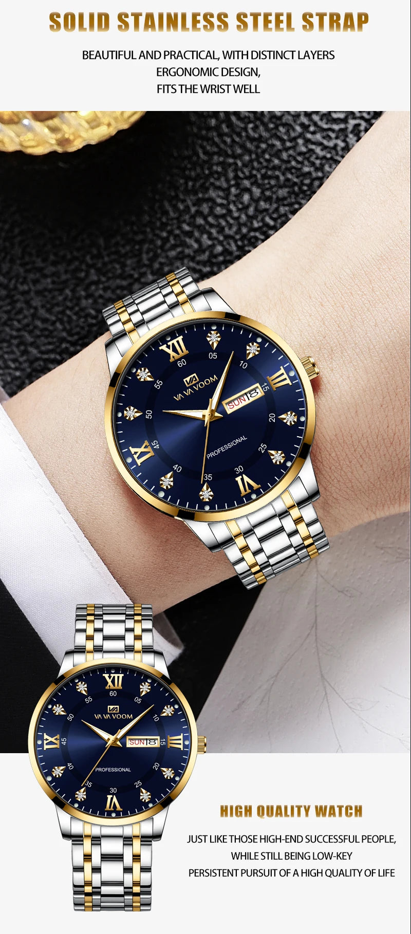Stainless Steel Top Quailty Luxury Push Button Hidden Clasp Waterproof Luminous