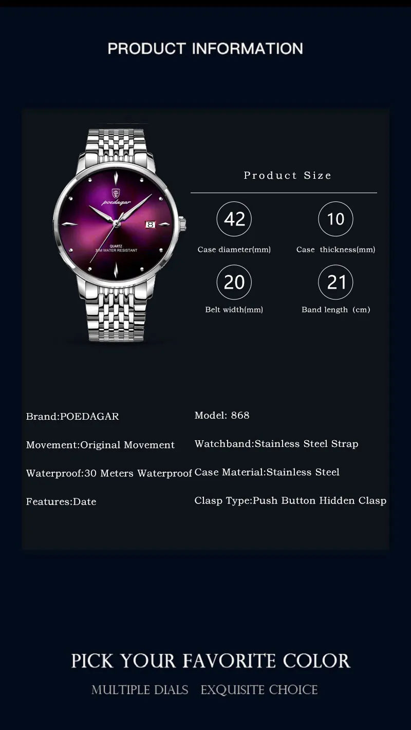 POEDAGAR Luxury Sports Men Watch Waterproof Luminous Stainless Steel
