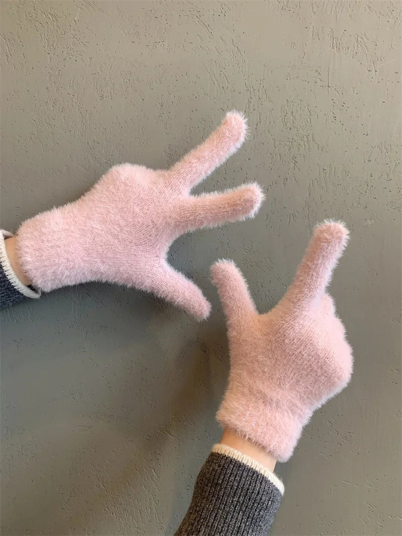 Fashion Winter Mink Velvet Five Finger Gloves