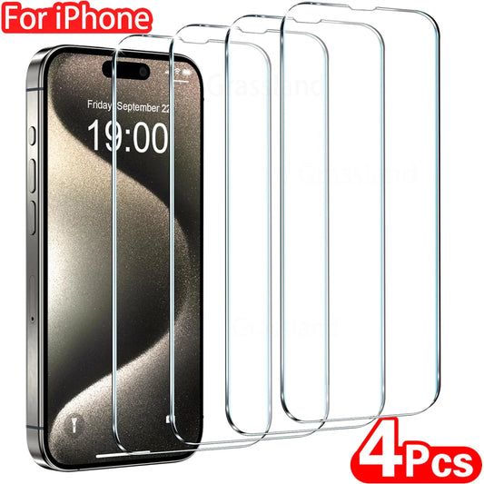 4Pcs Tempered Glass For iPhone 16 15 14 13 12 11 Pro Max Screen Protector