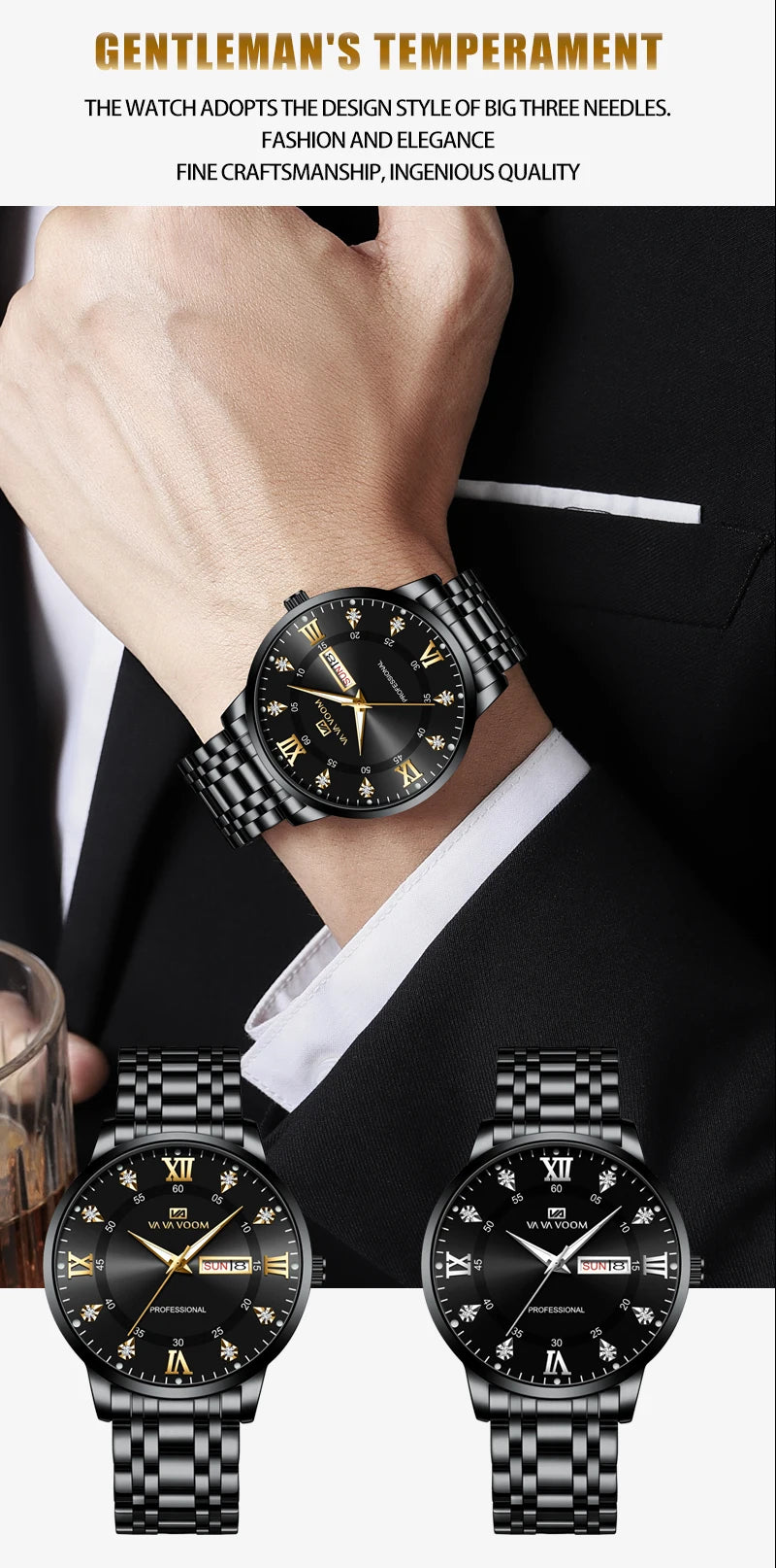 Stainless Steel Top Quailty Luxury Push Button Hidden Clasp Waterproof Luminous