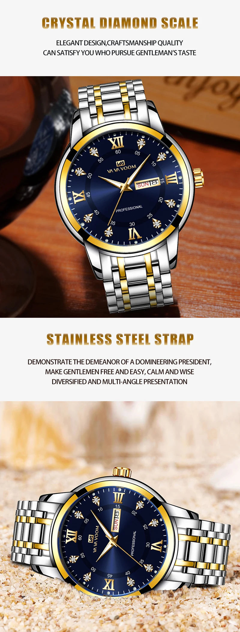 Stainless Steel Top Quailty Luxury Push Button Hidden Clasp Waterproof Luminous