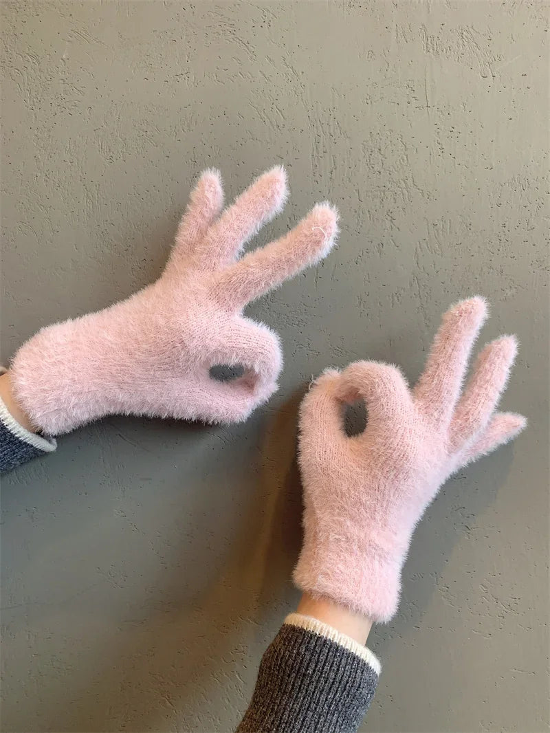 Fashion Winter Mink Velvet Five Finger Gloves