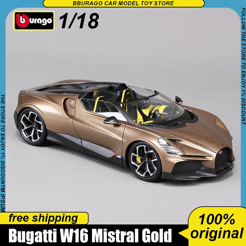 Bugatti W16 Mistral Gold Version Alloy Miniature Bugatti Supercar Mistral Diecast Model