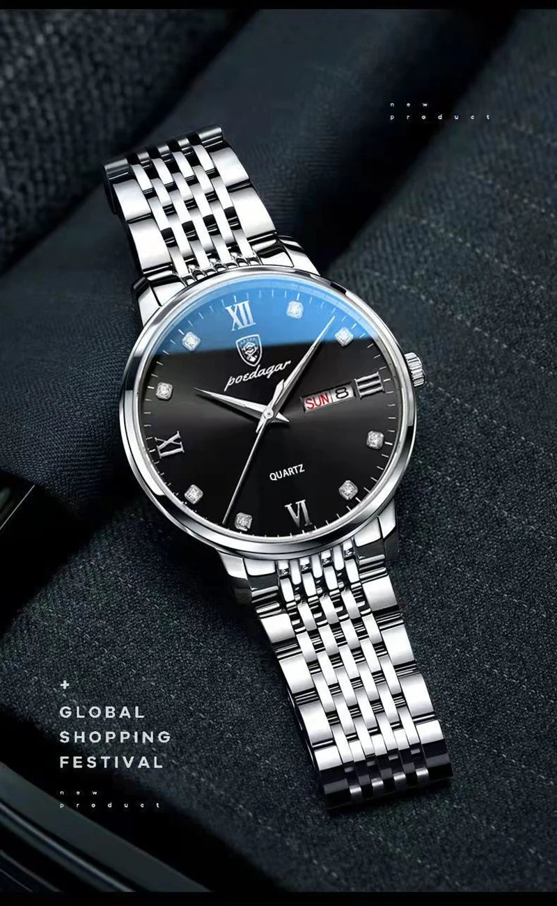 POEDAGAR Stainless Steel Men Quartz Wristwatch