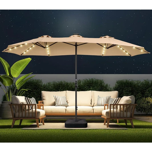 Double Sided Patio Umbrellas - 15ft Solar Lights LED Lighted Outdoor Extra Large Market Table Umbrella