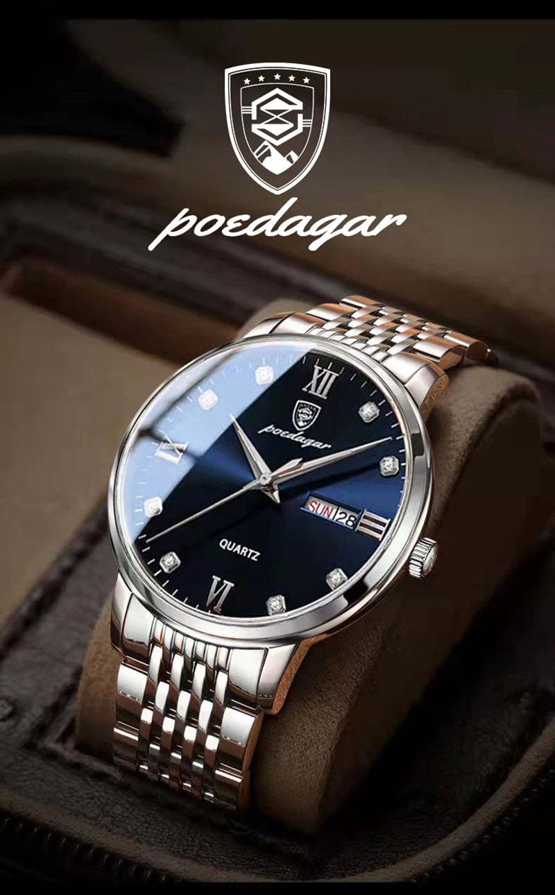 POEDAGAR Stainless Steel Men Quartz Wristwatch